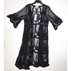 Rachel Zoe Black Embroidered Mesh Duster Robe Floral Lace Cover Up One Size NEW